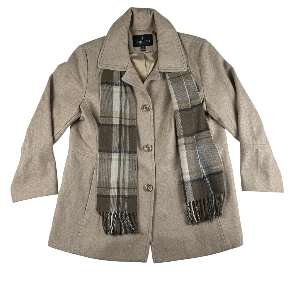 London Fog Coat Womens 2XL Beige Wool Blend Overcoat Plaid Scarf Lined Classic